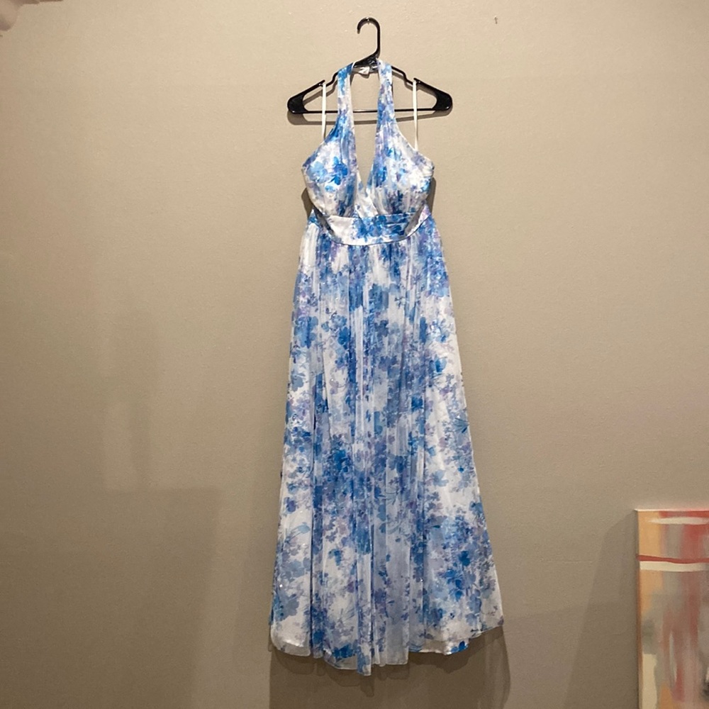 blue floral glittery floor length prom dress, size 15